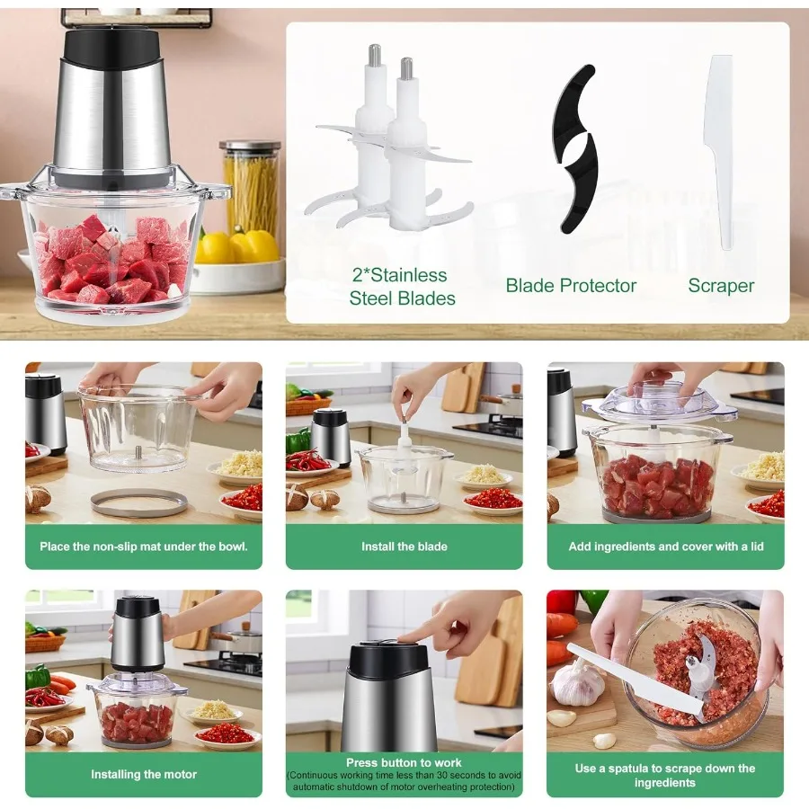 220V Food Processor with 2L Meat Grinder Chopper for Efficiently Processing Meat Vegetables Fruits and Nuts Equipped with 4 BiL 6